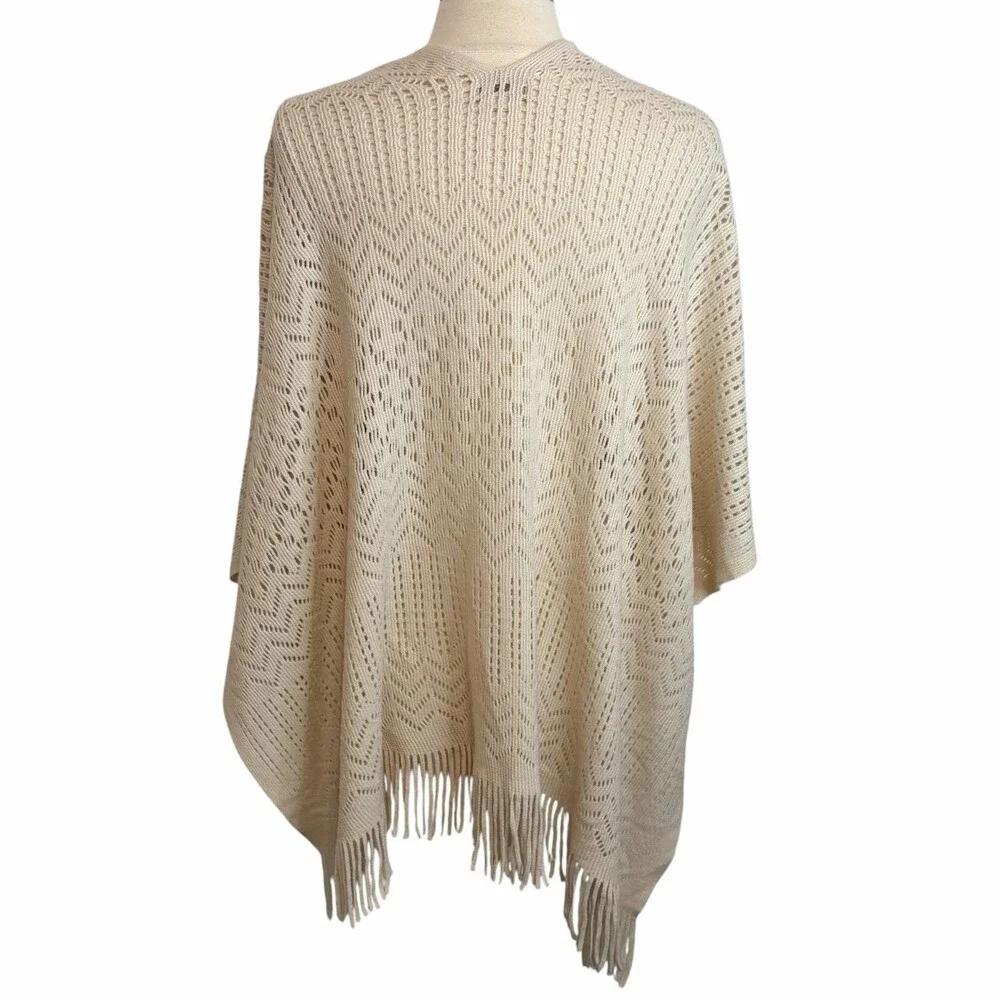 LOFT Beige Knit Boho Kimono Fringe Hem, O/S